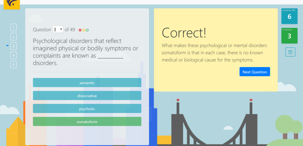 InstantCert flashcard practice question for the Introductory Psychology CLEP exam, showing a multiple-choice question with 'Correct!' feedback