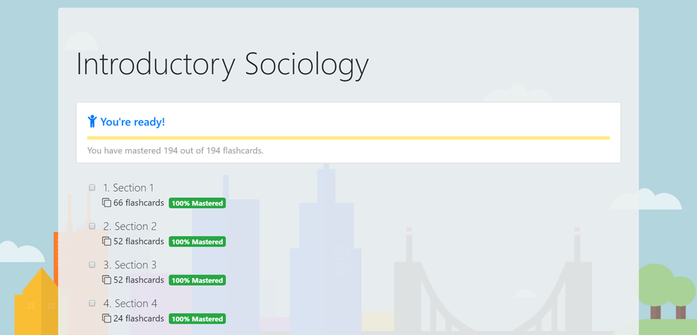 InstantCert dashboard showing 100% flashcard mastery achieved for Introductory Sociology